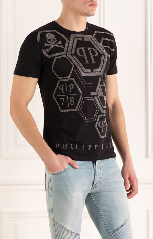 Philipp Plein men's black cotton t-shirt with hexagon logos and rhinestones 140014 - photo 3