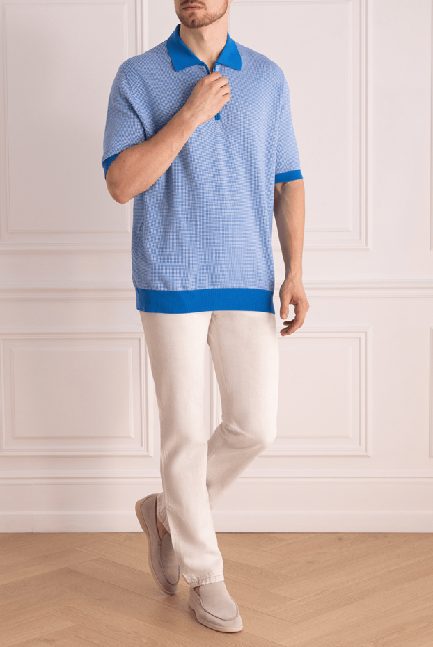 Cesare di Napoli men's light blue cotton polo shirt with a jacquard pattern 140142 - photo 2