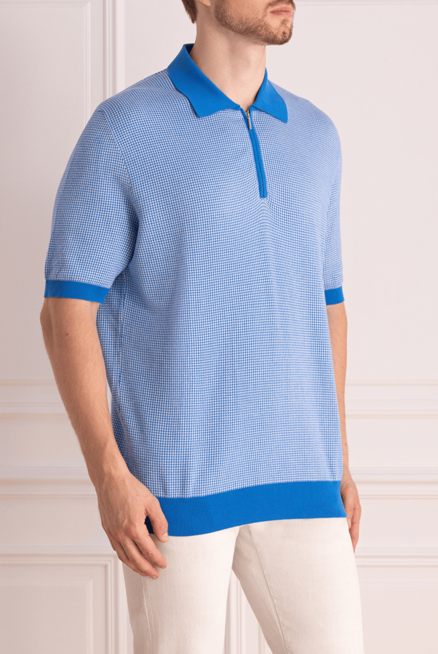 Cesare di Napoli men's light blue cotton polo shirt with a jacquard pattern 140142 - photo 3