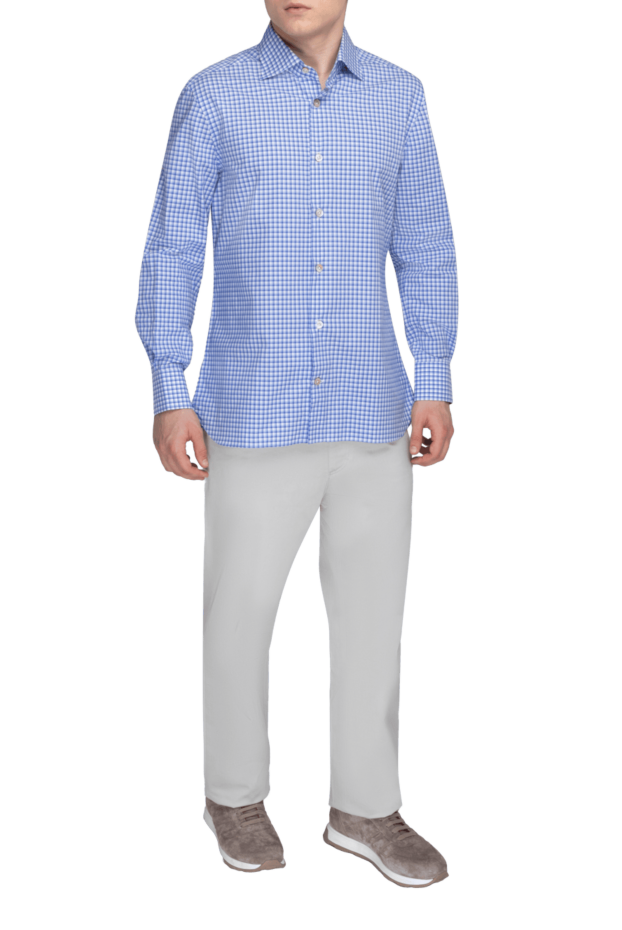 Kiton men's light blue checkered cotton shirt 140293 - photo 2