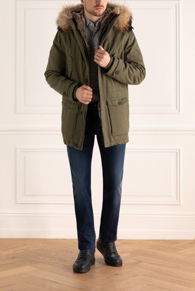 Men's green cotton parka down jacket with a fur collar - photo 2