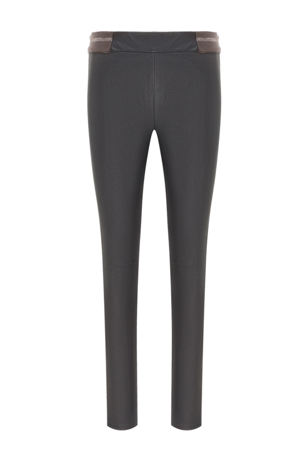 Кожаные леггинсы тёмно-шоколадного цвета с контрастным эластичным поясом - фото 1