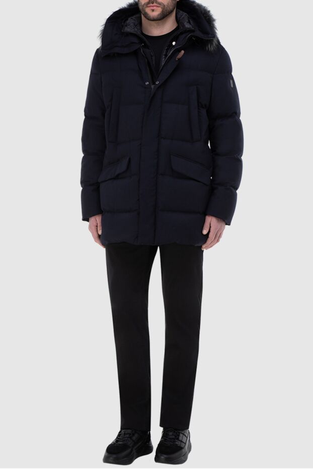Montecore men's blue wool down jacket with a high collar and a fur-trimmed hood 142399 - photo 2