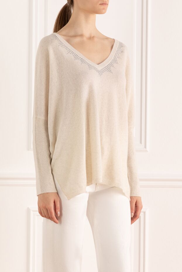 NotShy white womens cashmere jumper with a deep neckline decorated with rhinestones 142414 - photo 3