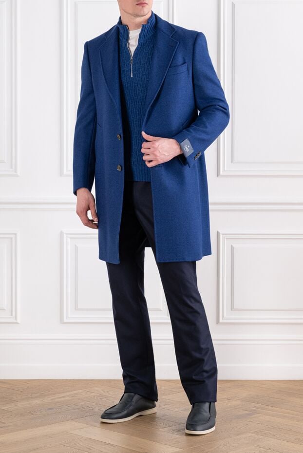 Tombolini men's blue wool chesterfield coat with a contrasting shawl collar 142775 - photo 2