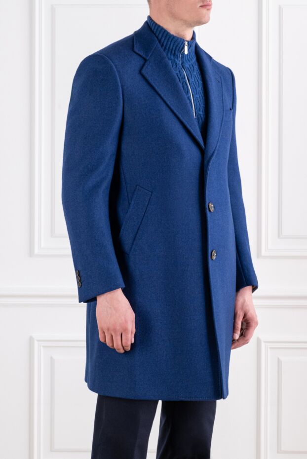 Tombolini men's blue wool chesterfield coat with a contrasting shawl collar 142775 - photo 3