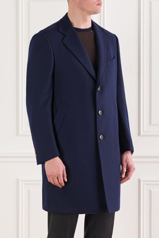 Tombolini men's blue classic wool coat with a contrasting fur shawl collar 142776 - photo 3