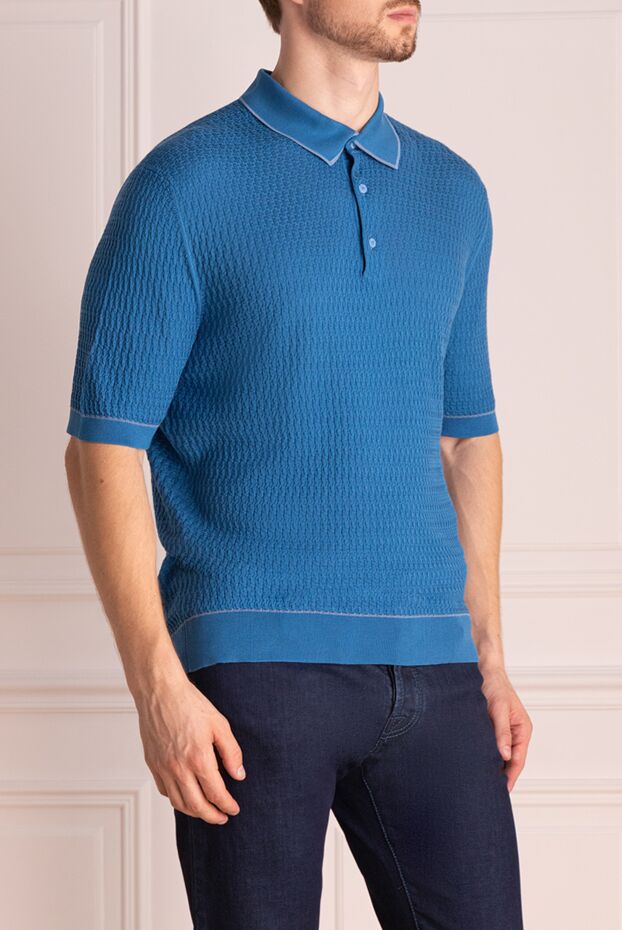 Cesare di Napoli blue textured silk polo shirt with a contrast trim men's 143617 - photo 3