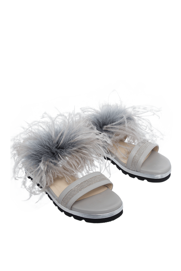 Panicale women's leather slippers with feathers, gray 143845 - photo 3