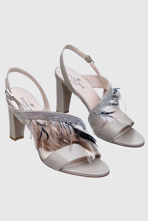 Panicale women's beige leather sandals with feathers and shiny insert 143848 - photo 3