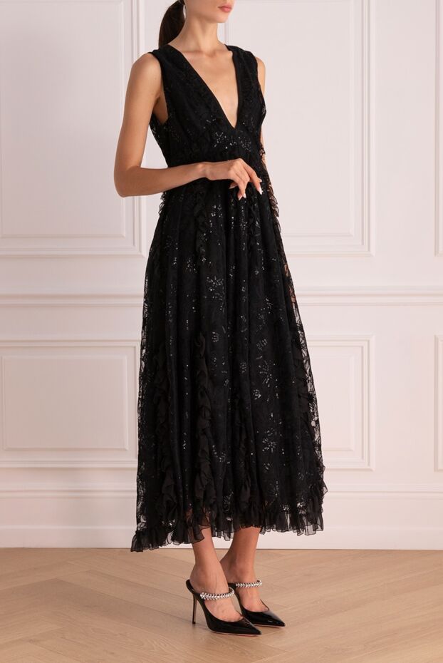 Giambattista Valli black wool blend midi dress with plunging neckline and lace trim 144014 - photo 3