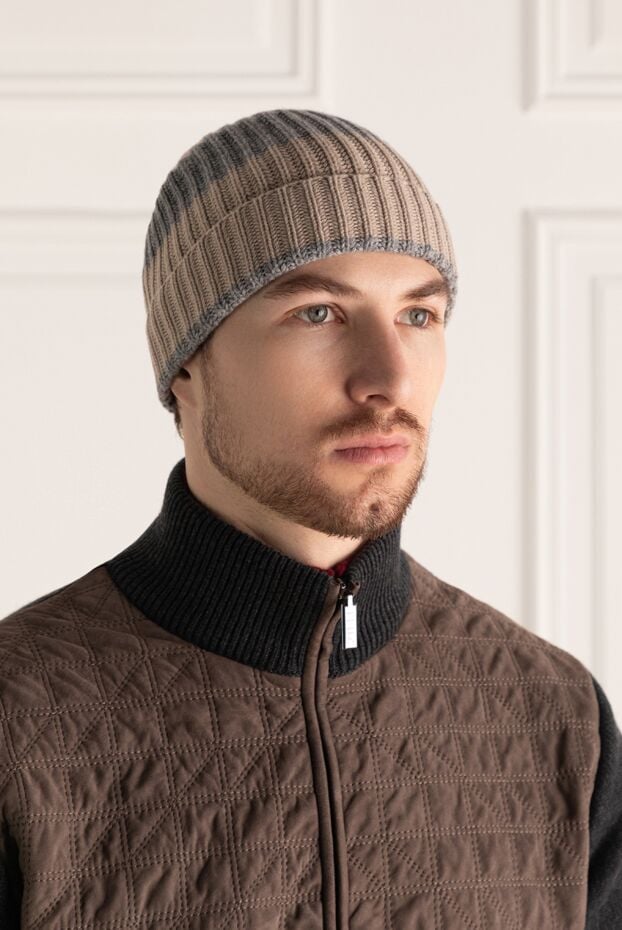 Malo beige knitted cashmere beanie with a dark contrast stripe for men 144216 - photo 2