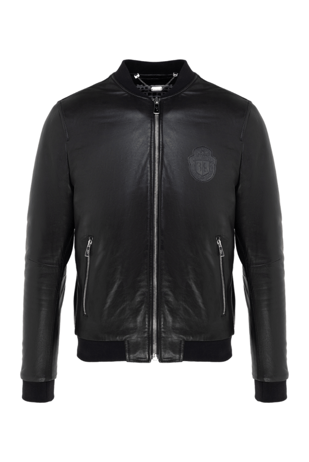 Billionaire mens black leather bomber jacket decorated with a tonal brand emblem 144318 - photo 1