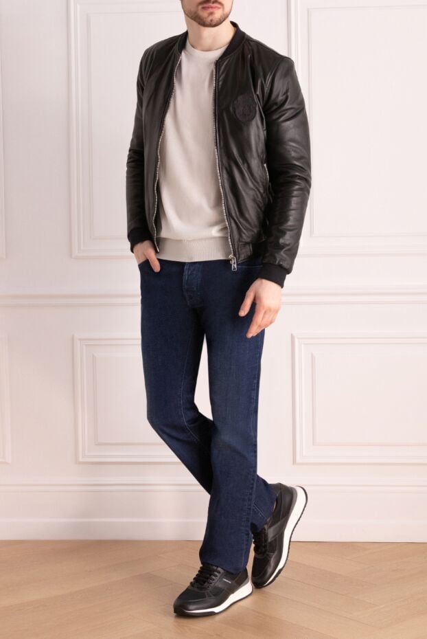 Billionaire mens black leather bomber jacket decorated with a tonal brand emblem 144318 - photo 2