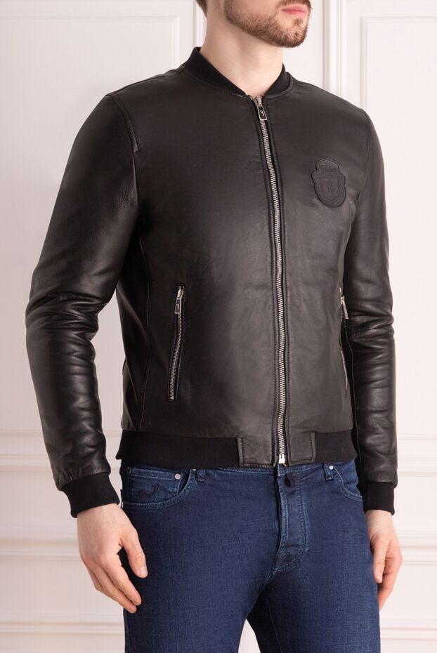 Billionaire mens black leather bomber jacket decorated with a tonal brand emblem 144318 - photo 3