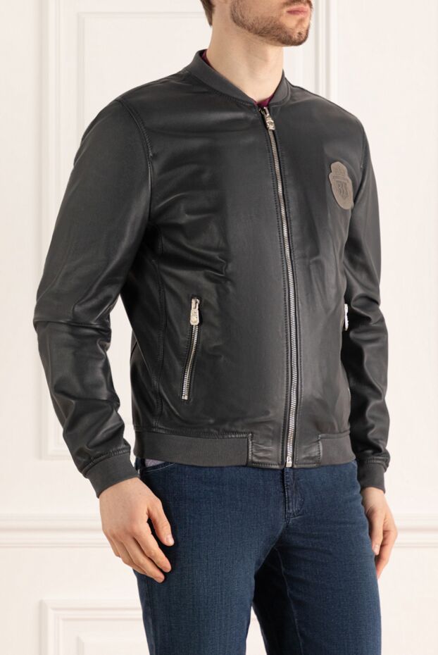 Billionaire mens dark gray leather bomber jacket decorated with a brand emblem 144510 - photo 3