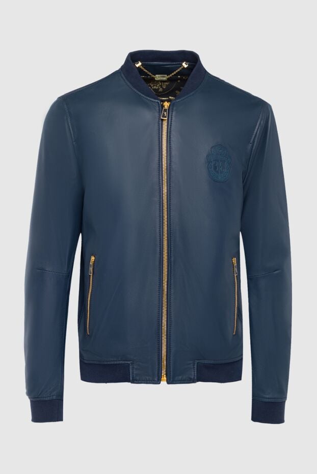 Billionaire mens blue leather bomber jacket with bright zippers and a tonal logo 144514 - photo 1