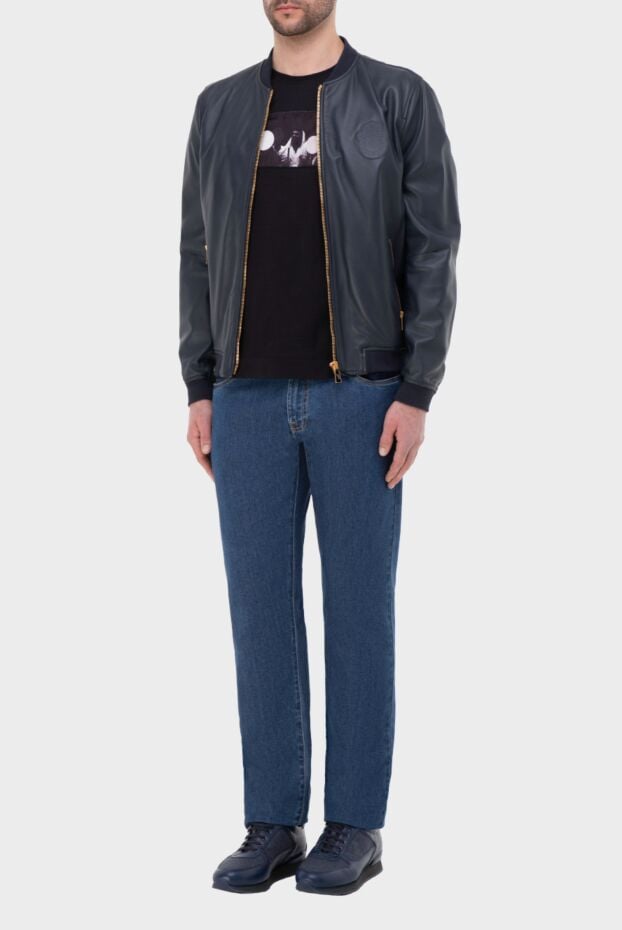 Billionaire mens blue leather bomber jacket with bright zippers and a tonal logo 144514 - photo 2