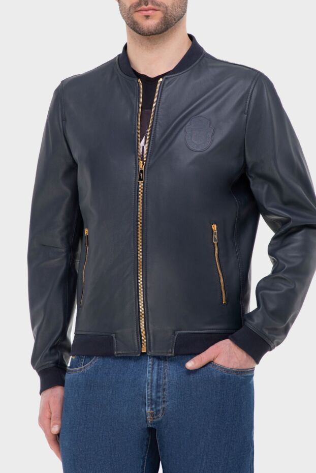 Billionaire mens blue leather bomber jacket with bright zippers and a tonal logo 144514 - photo 3