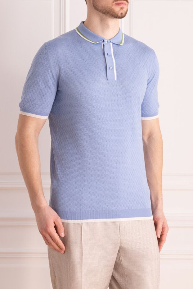 Kiton light blue textured cotton polo shirt with contrast piping for men 144544 - photo 3