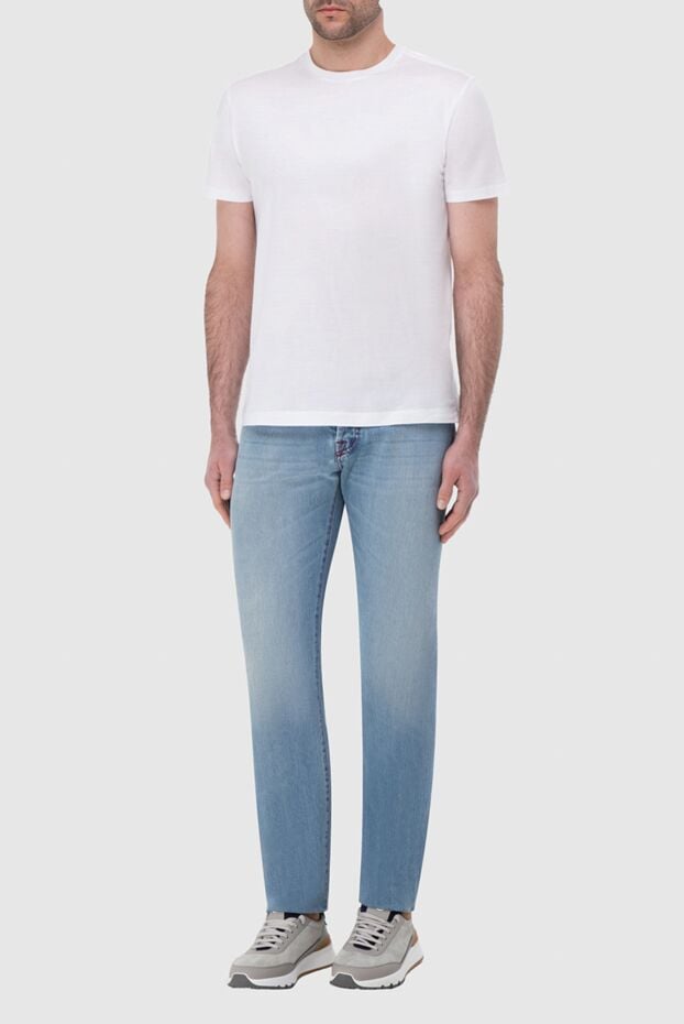 Kiton men's blue straight leg jeans with red leather patch 144606 - photo 2
