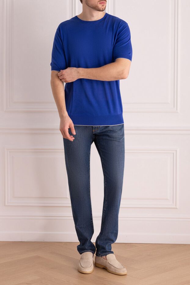 Cesare di Napoli man short sleeve jumper in silk and cotton blue for men buy with prices and photos 144744 - photo 2