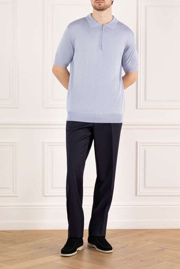 Cesare di Napoli silk polo shirt light blue with zipper men's 145413 - photo 2