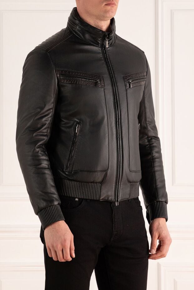Brioni black smooth leather jacket with textured crocodile leather inserts 146256 - photo 3