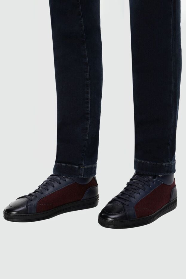 Doucal`s high-top insulated sneakers made of leather and wool in burgundy and blue tones 147432 - photo 3