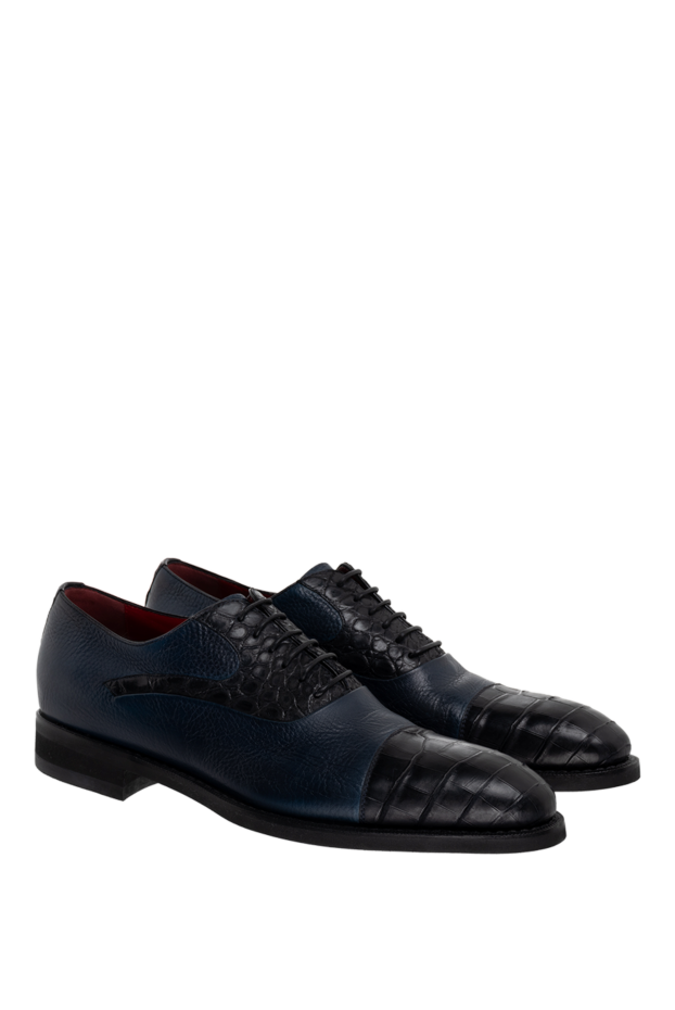 Barrett dark blue textured leather cap-toe derby shoes with crocodile leather inserts for men 147595 - photo 3