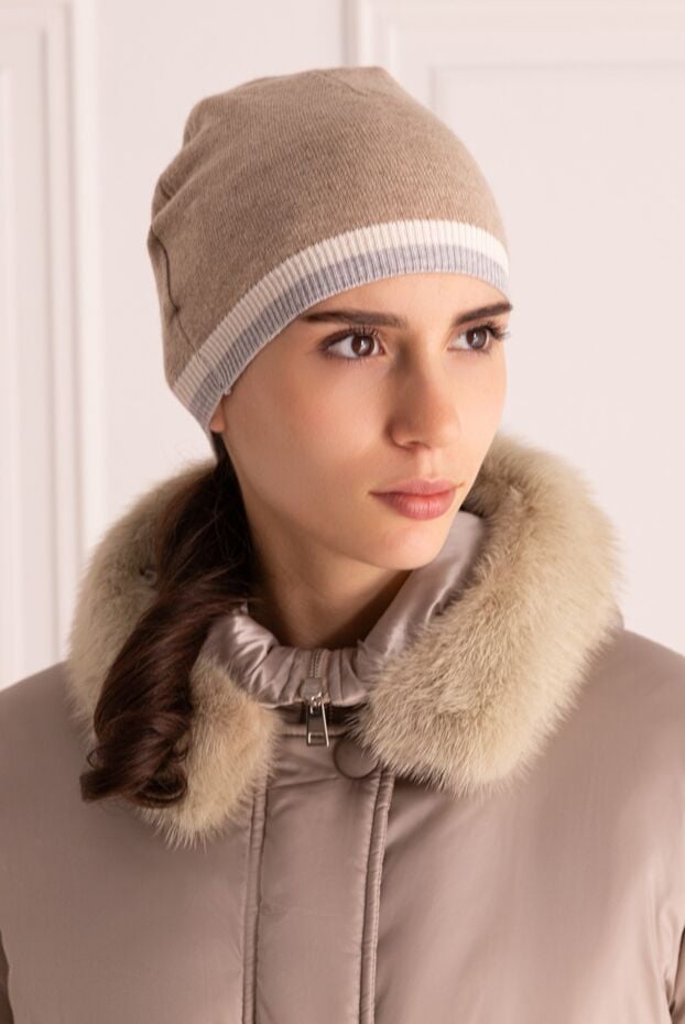 Cashmere & Silk Milano cashmere beige women's hat with white and gray striped brim 147785 - photo 2