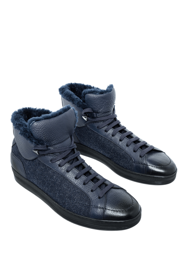 Doucal`s italian high top blue leather sneakers with fur and wool insert 148259 - photo 3