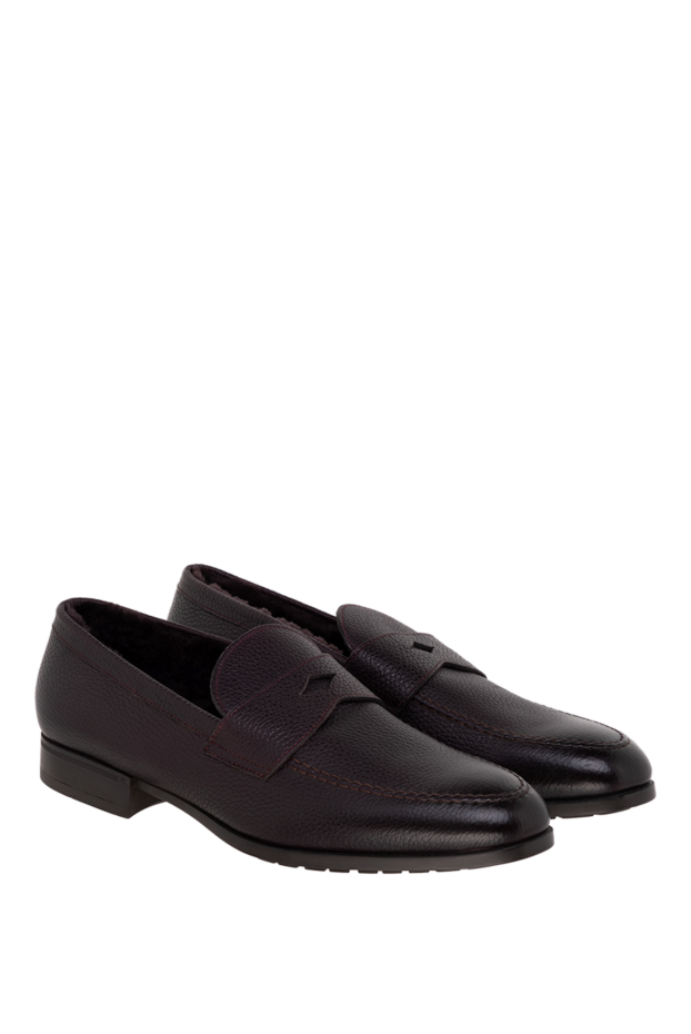Doucal`s burgundy grain leather penny loafers with fur lining for men 148264 - photo 3