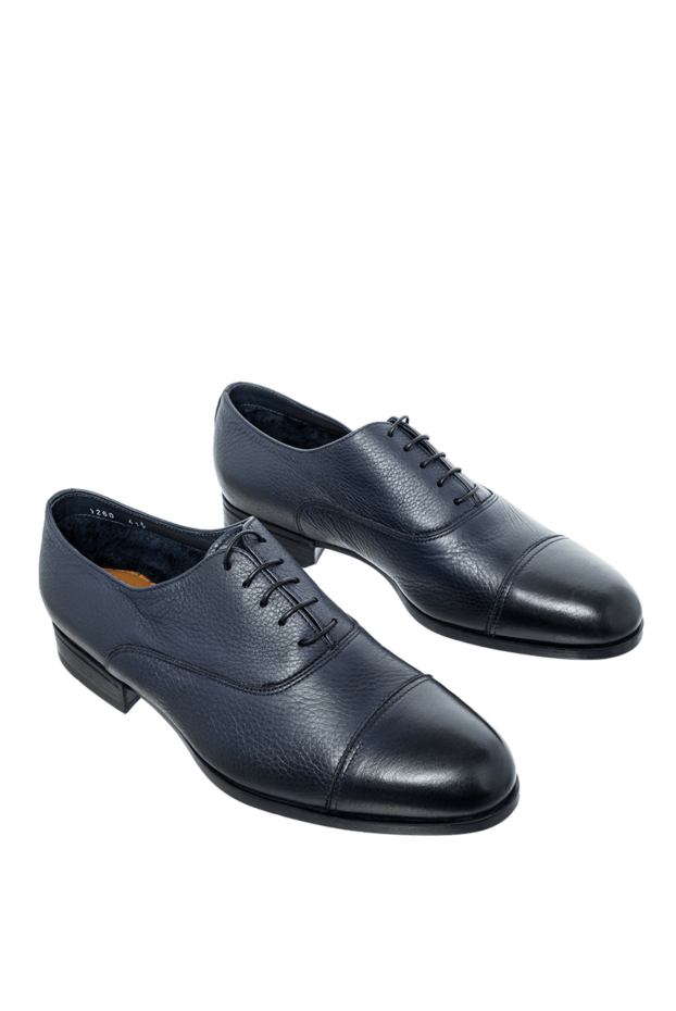 Doucal`s blue textured leather cap-toe oxford shoes with fur lining for men 148286 - photo 3