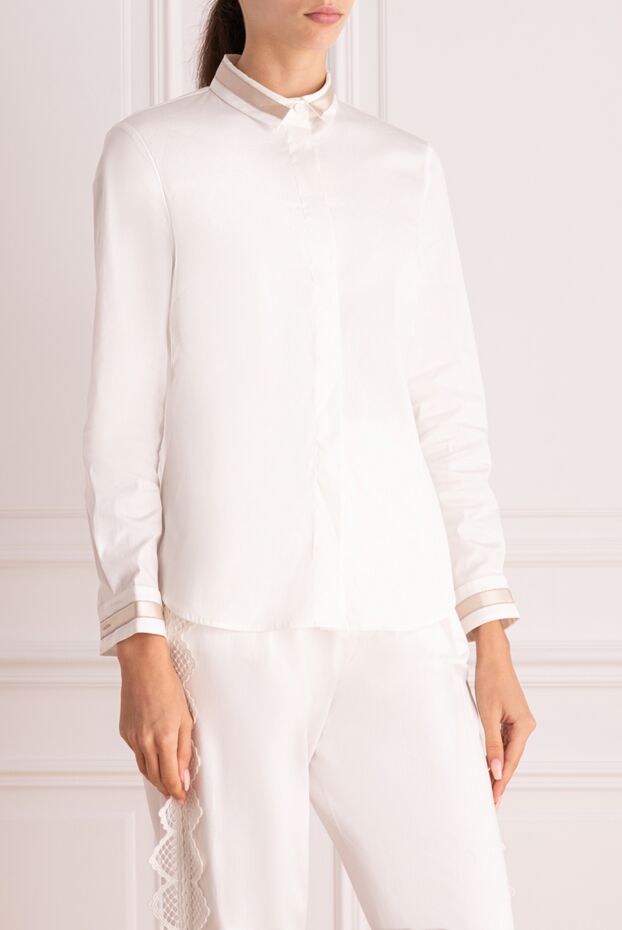 Peserico white women's blouse with beige stripe on the collar and cuffs 148965 - photo 3