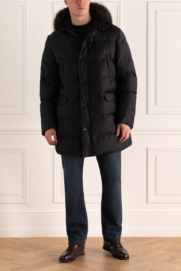 Men's black down jacket with a high collar and a fur-trimmed hood - photo 2