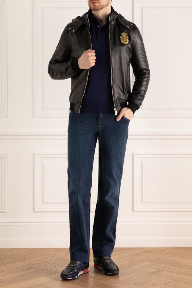 Mens black leather hooded jacket decorated with a brand emblem - photo 2