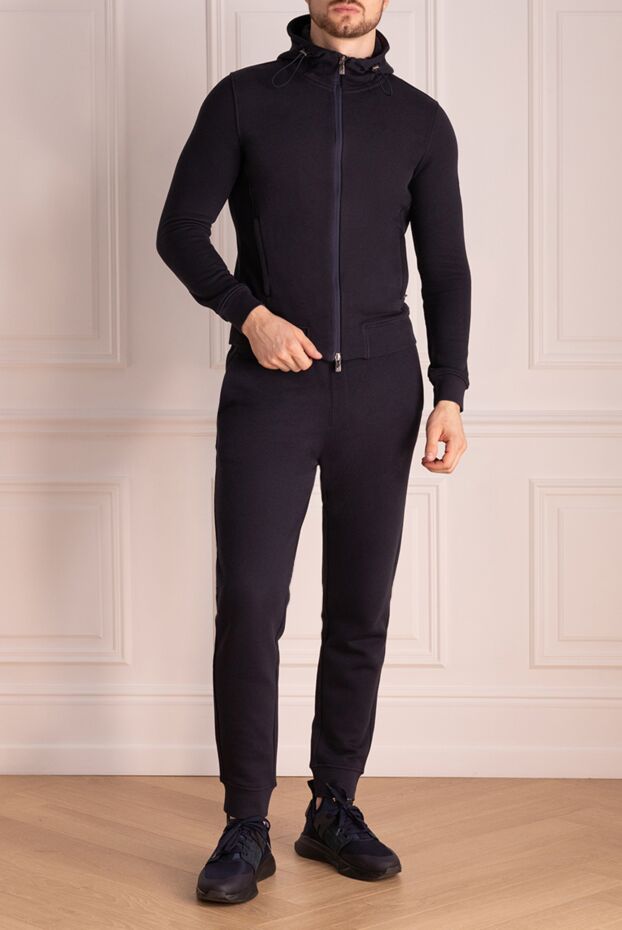 Mens dark blue cotton tracksuit with hood and elastic drawstring - photo 2