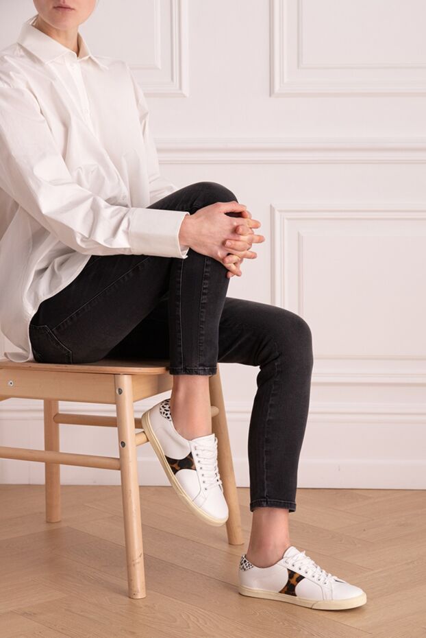 Celine women's leather sneakers with leopard inserts in white 150538 - photo 3