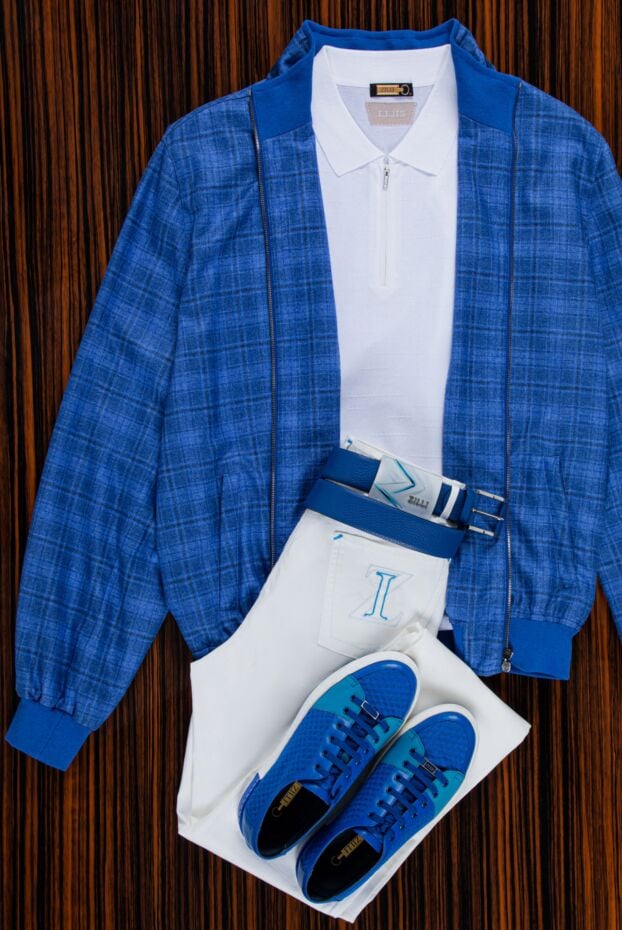 Men's demi-season checkered jacket made of silk and cashmere blue - photo 2