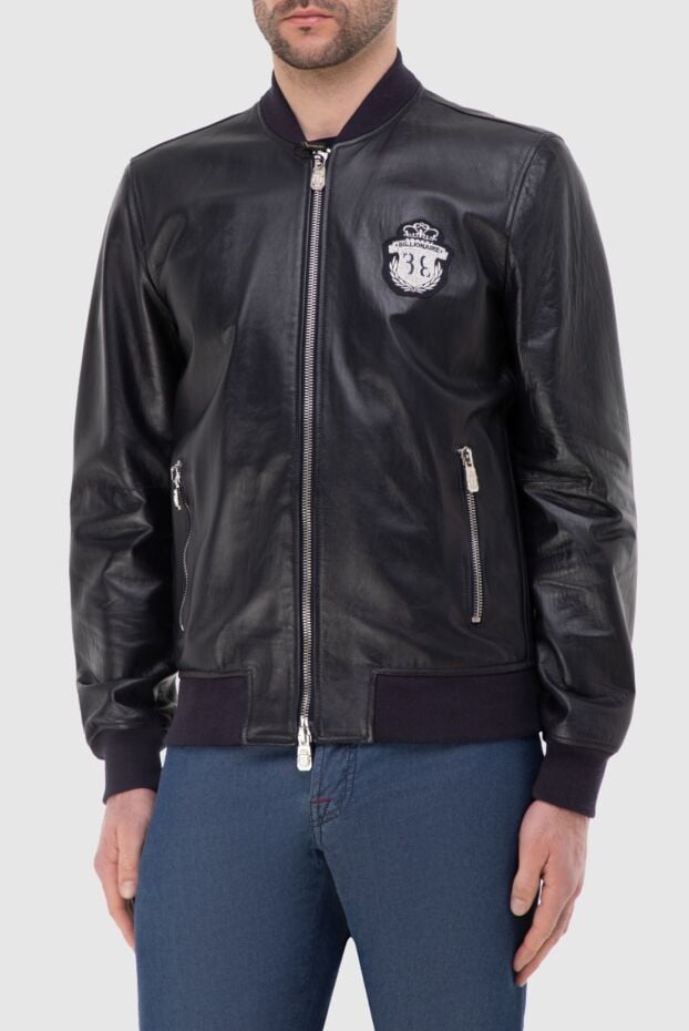Billionaire mens dark blue leather bomber jacket with embroidered logo 151391 - photo 3