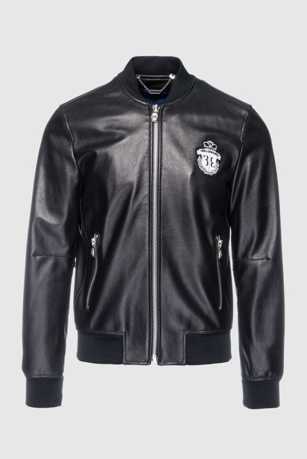 Billionaire mens black leather bomber jacket with embroidered logo 151393 - photo 1