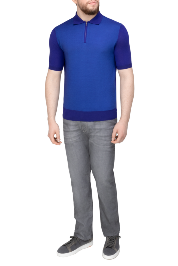 Cesare di Napoli silk polo shirt deep blue with contrast microtexture insert men's 152441 - photo 2