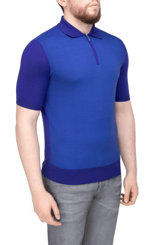 Cesare di Napoli silk polo shirt deep blue with contrast microtexture insert men's 152441 - photo 3