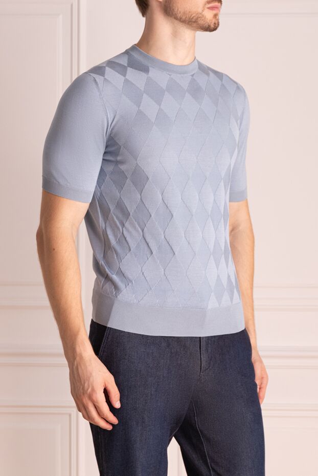 Cesare di Napoli light blue silk short-sleeve jumper with monochrome pattern for men 152468 - photo 3