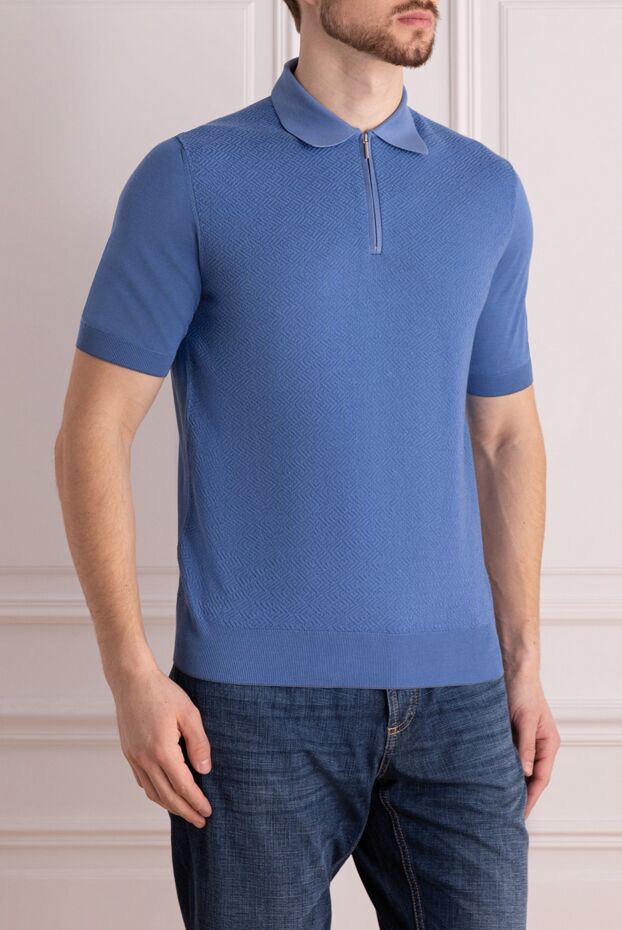 Cesare di Napoli silk polo shirt light blue slim fit with textured monochrome pattern men's 152747 - photo 3
