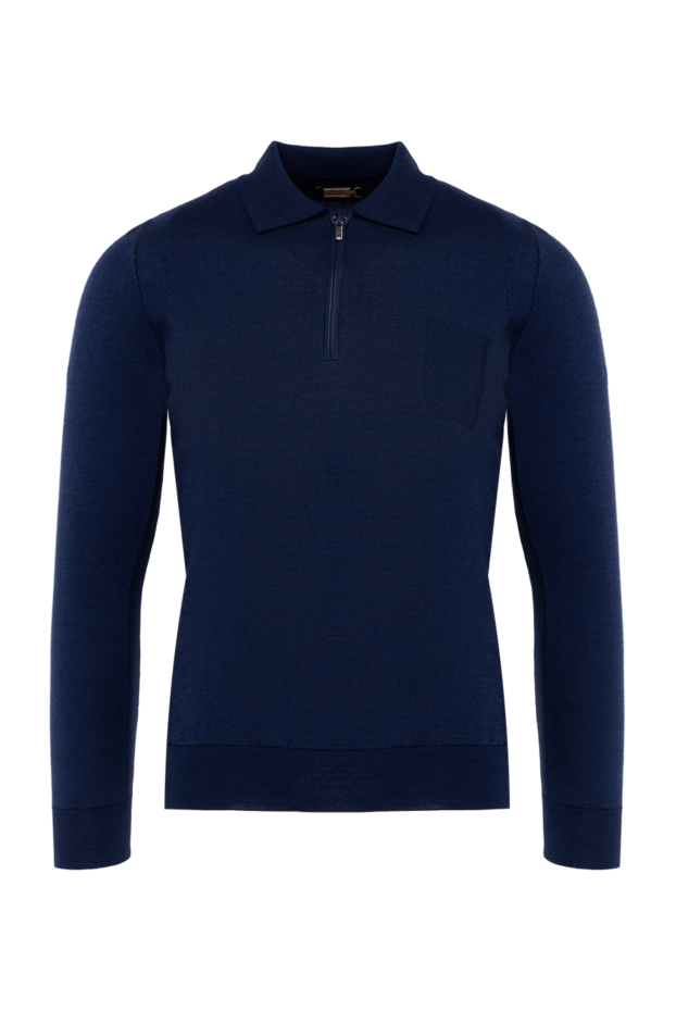 Zilli men's long sleeve blue textured polo shirt with leather insert and zipper 153067 - photo 1