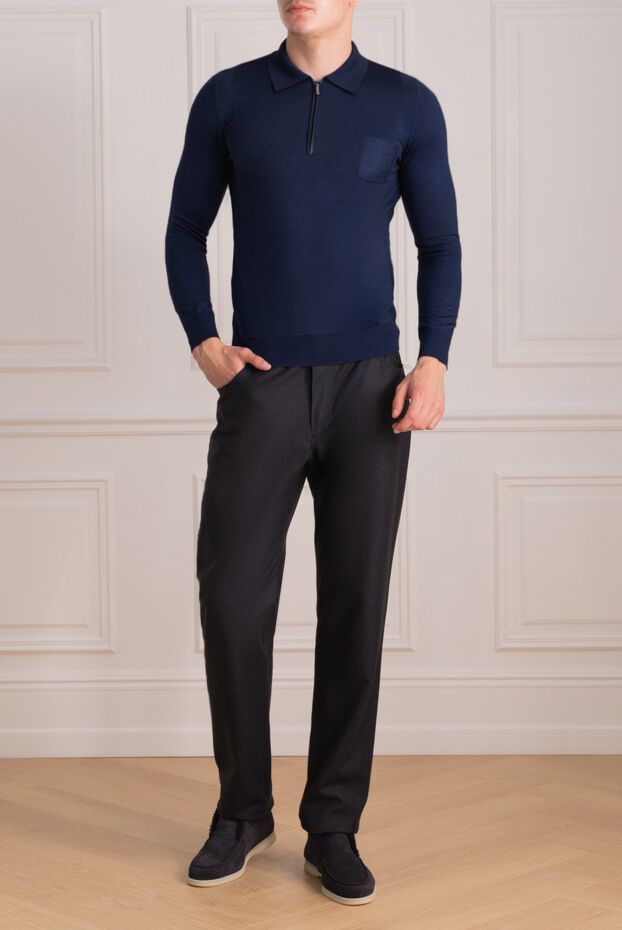 Zilli men's long sleeve blue textured polo shirt with leather insert and zipper 153067 - photo 2