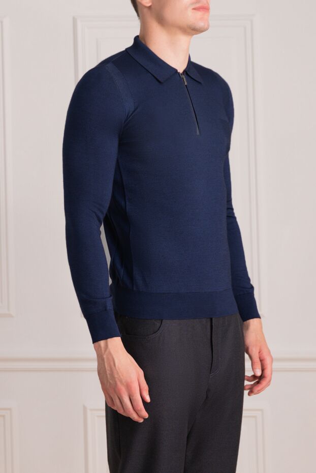 Zilli men's long sleeve blue textured polo shirt with leather insert and zipper 153067 - photo 3