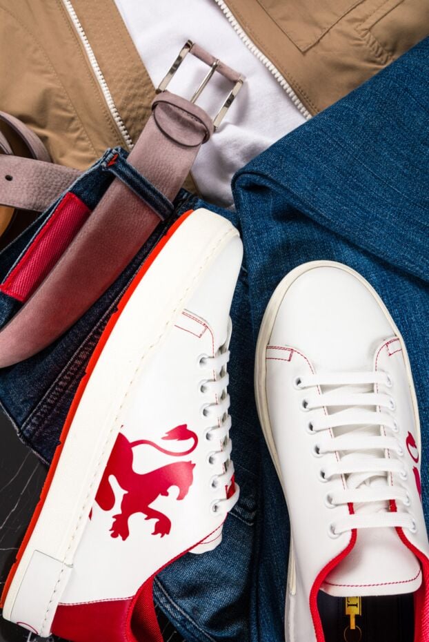Zilli white leather sneakers with red heel and lion print 153450 - photo 2